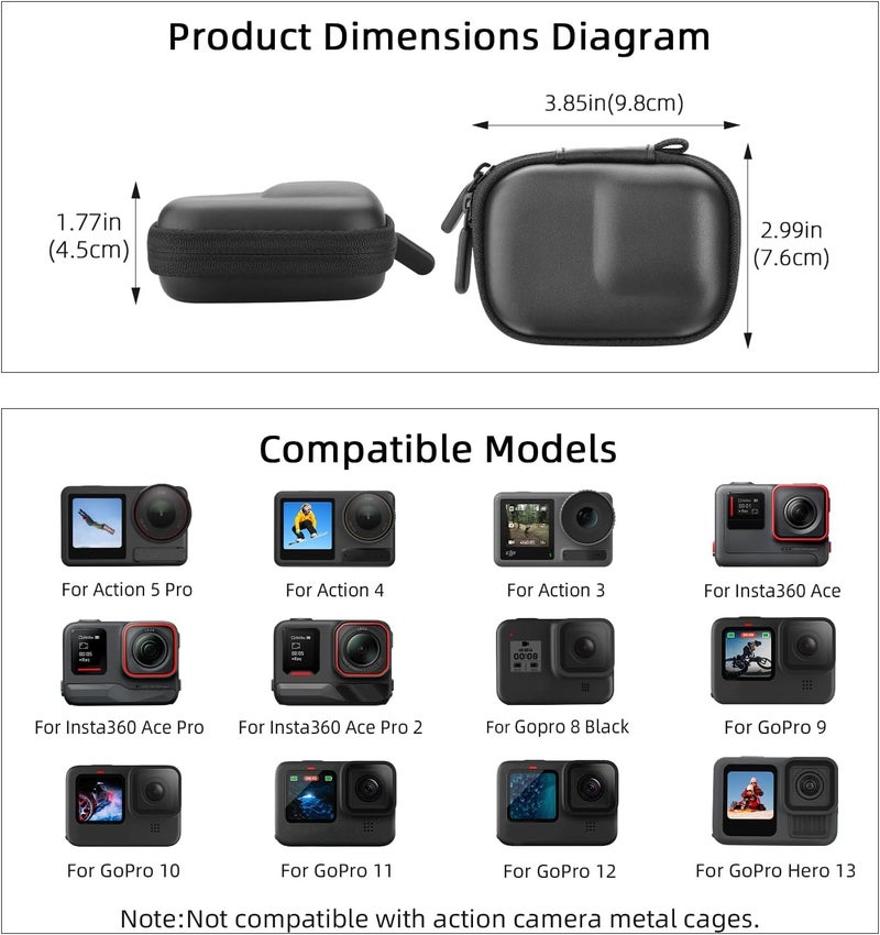 Flymile Carrying Case for DJI Osmo Action 5 Pro/6/4/3, Small Storage Bag for GoPro, PU Hard Travel Protector Case for Insta360 Ace/Ace Pro/2 with Wrist Strap & Carabiner Protective Accessories(Black) - Image 2